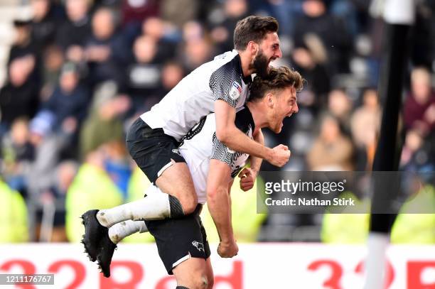 Chris Martin of Derby County celebrates scoring the 3rd Derby goal during the Sky Bet Championship match between Derby County and Blackburn Rovers at...