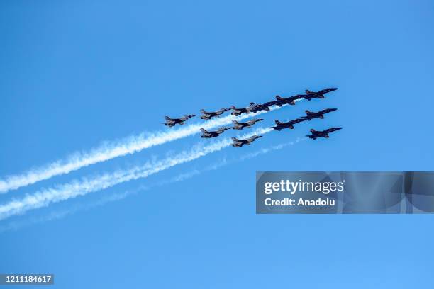 Blue Angels and Thunderbirds fly over New York City to salute healthcare workers as Covid-19 pandemic in New York, United States on April 28, 2020.