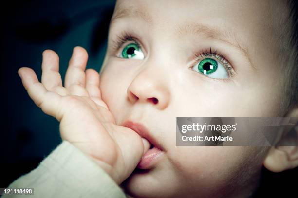 baby with finger in her mouth - green eyes stock pictures, royalty-free photos & images