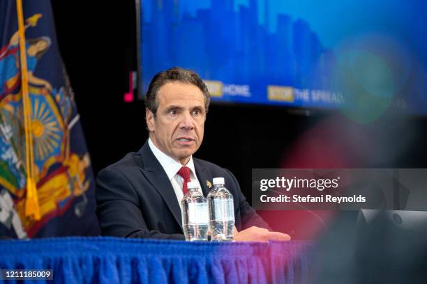 New York State Governor Andrew Cuomo speaks during his daily Coronavirus press briefing at SUNY Upstate Medical University on April 28, 2020 in...