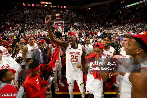 Jalen Smith of the Maryland Terrapins celebrates after defeating the Michigan Wolverines 83-70 to clinch a share of the Big Ten regular season title...