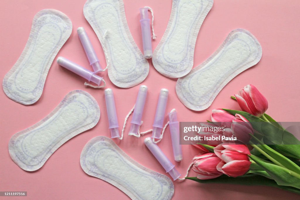 Cotton tampons, sanitary pads and tulips