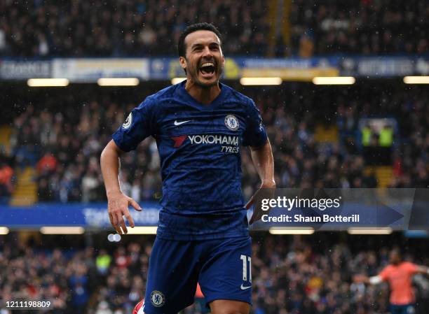 Pedro of Chelsea celebrates after scoring his team's second goal during the Premier League match between Chelsea FC and Everton FC at Stamford Bridge...