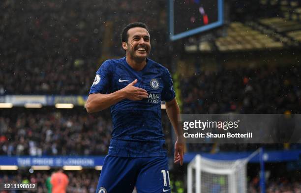 Pedro of Chelsea celebrates after scoring his team's second goal during the Premier League match between Chelsea FC and Everton FC at Stamford Bridge...