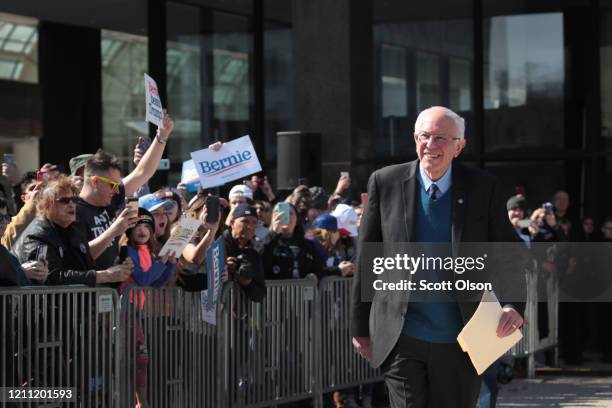 Democratic presidential candidate Sen. Bernie Sanders arrives for a campaign rally in Calder Plaza on March 08, 2020 in Grand Rapids, Michigan....