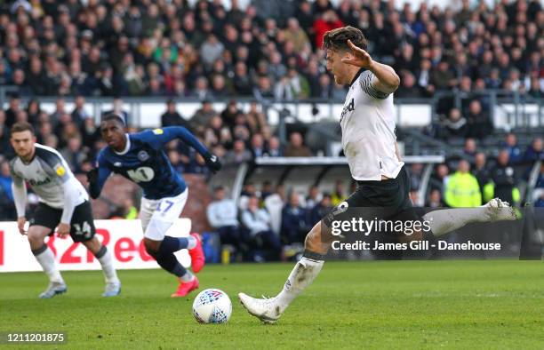 Chris Martin of Derby County scores their third goal from the penalty spot during the Sky Bet Championship match between Derby County and Blackburn...