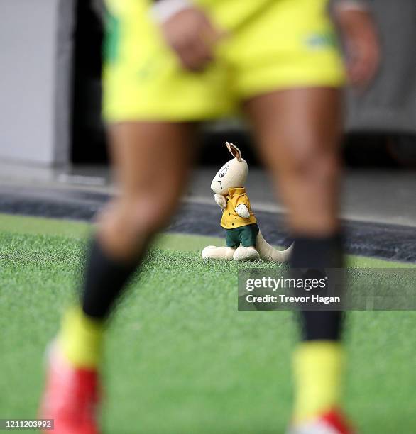 Stuffed kangaroo on the sidelines as Australia warms up for a rugby sevens match at BC Place on March 08, 2020 in Vancouver, Canada.