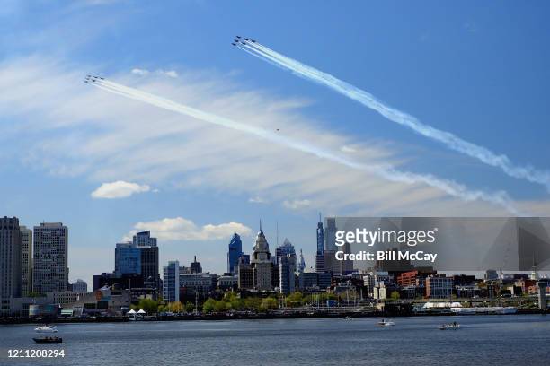 The U.S. Navy's Blue Angels and Air Force's Thunderbirds fly over the city to honor COVID-19 frontline workers on April 28, 2020 in Philadelphia,...