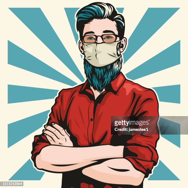 hipster with surgical mask and arms folded - horn rimmed glasses stock illustrations