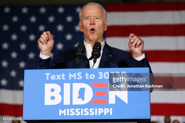 Democratic presidential candidate former Vice President Joe Biden speaks during a campaign event at Tougaloo College on March 08, 2020 in Tougaloo,...