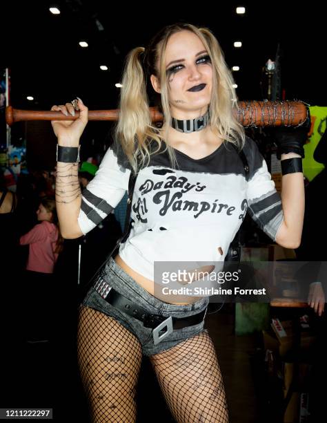 Cosplayer dressed as Harley Quinn attends Comic Con Liverpool 2020 on March 08, 2020 in Liverpool, England.
