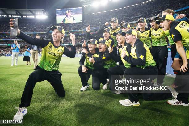 Meg Lanning of Australia takes a team selfie after winning the ICC Women's T20 Cricket World Cup Final match between India and Australia at the...