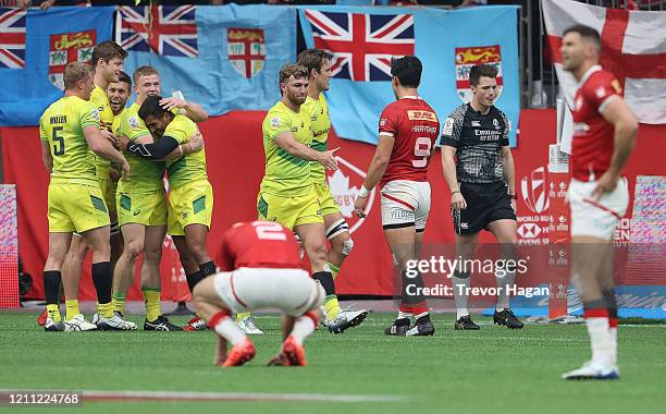 Australia celebrates after defeating Canada in a rugby sevens semi final at BC Place on March 08, 2020 in Vancouver, Canada.