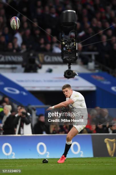 Spidercam in action as Owen Farrell of England kicks a penalty during the 2020 Guinness Six Nations match between England and Wales at Twickenham...