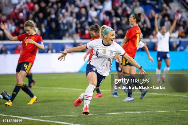 Julie Ertz of the United States throws her arms out to celebrate her goal in the 2nd half for the lead during the 2020 SheBelieves Cup sponsored by...