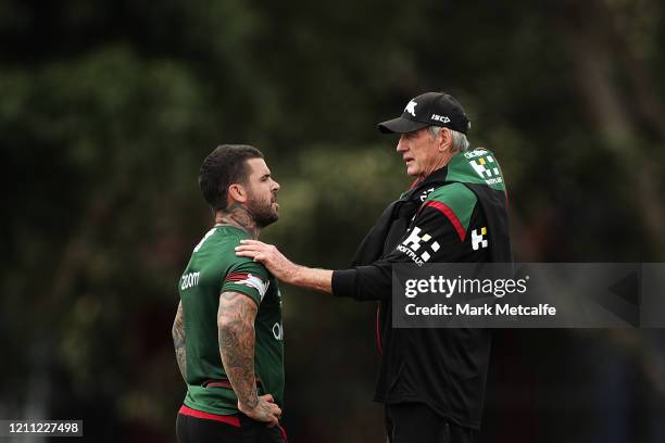 Rabbitohs head coach Wayne Bennett talks to new Rabbitohs captain Adam Reynolds during a South Sydney Rabbitohs NRL training session at Redfern Oval...