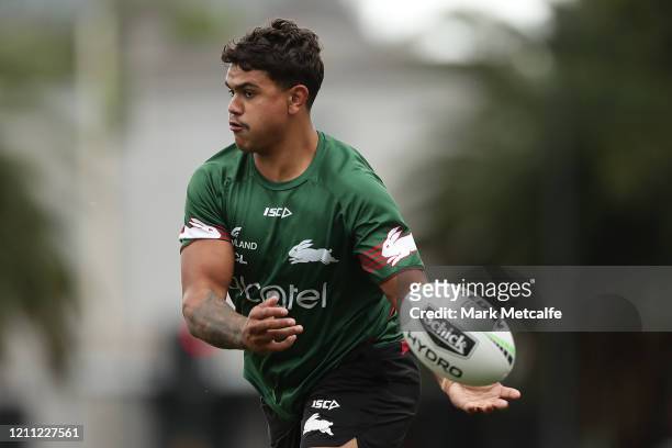 Latrell Mitchell of the Rabbitohs in action during a South Sydney Rabbitohs NRL training session at Redfern Oval on March 09, 2020 in Sydney,...