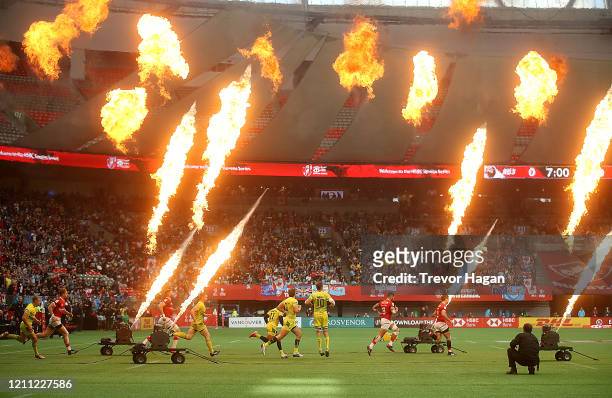 Canada and Australia take to the pitch to begin their semi final match during rugby sevens at BC Place on March 08, 2020 in Vancouver, Canada.