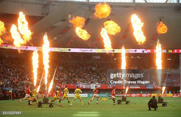 Canada and Australia take to the pitch to begin their semi final match during rugby sevens at BC Place on March 08, 2020 in Vancouver, Canada.