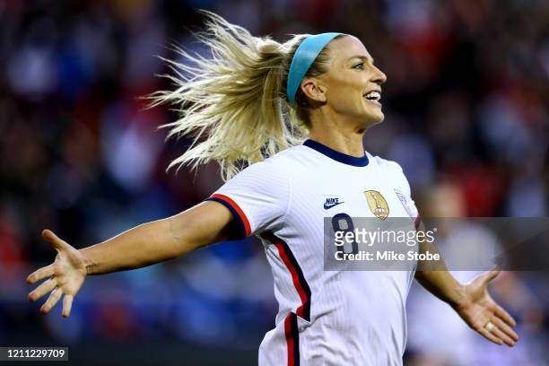 Julie Ertz of the United States celebrates her goal against Spain at Red Bull Arena on March 08, 2020 in Harrison, New Jersey.