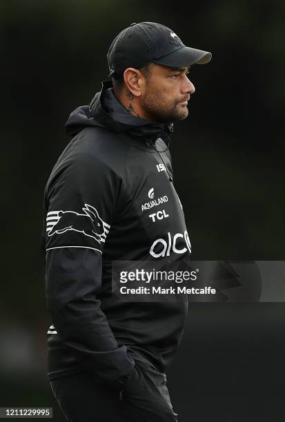 Rabbitohs assistant coach John Sutton looks on during a South Sydney Rabbitohs NRL training session at Redfern Oval on March 09, 2020 in Sydney,...