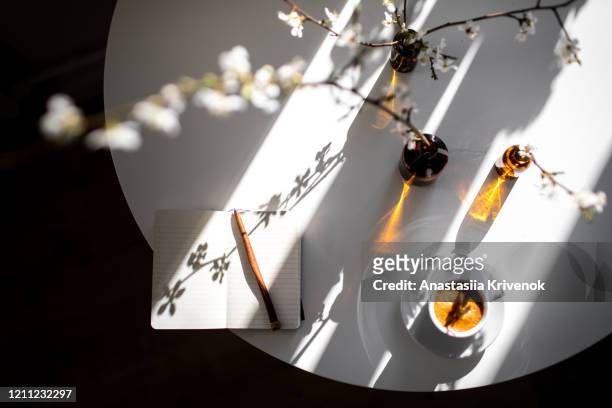 small empty planner with coffee espresso and flowering cherry branches on white table in sunlight spring morning. how to start and planning perfect day. - tagebuch stock-fotos und bilder