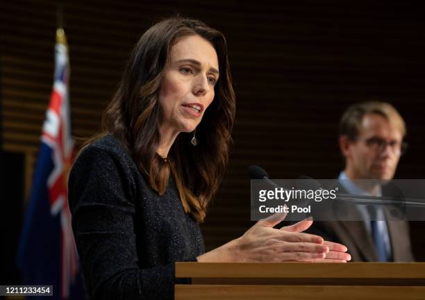 Prime Minister Jacinda Ardern speaks during the COVID-19 update and media conference with Director General of Health Dr Ashley Bloomfield at the...