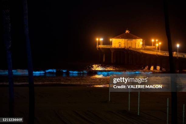 The Pier is seen as bioluminescent waves crash on the sand, shining with a blue glow on April 28 in Manhattan Beach, California. - Bioluminescence is...