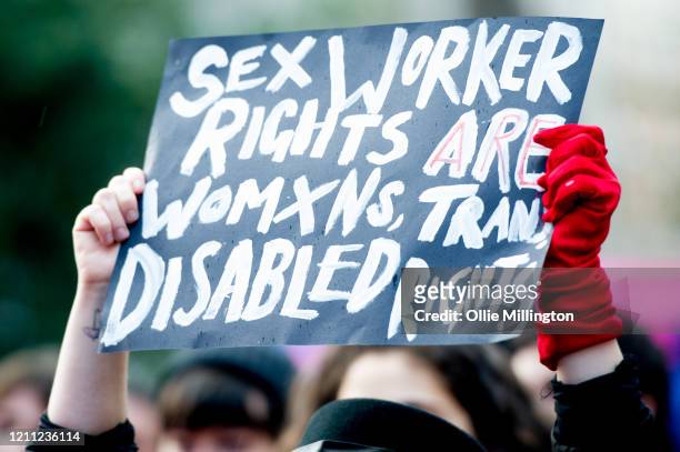 Sex workers joined by members of the public march through central London blocking traffic in busy areas during a City Wide sex workers 24 hour strike...