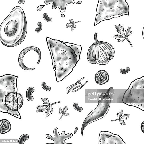 hand drawn tortilla nacho chips with ingredients seamless repeating background pattern - taco ingredients stock illustrations