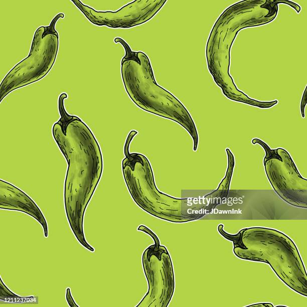 hand drawn jalapeno and chili pepper seamless repeating background pattern - mexican food background stock illustrations