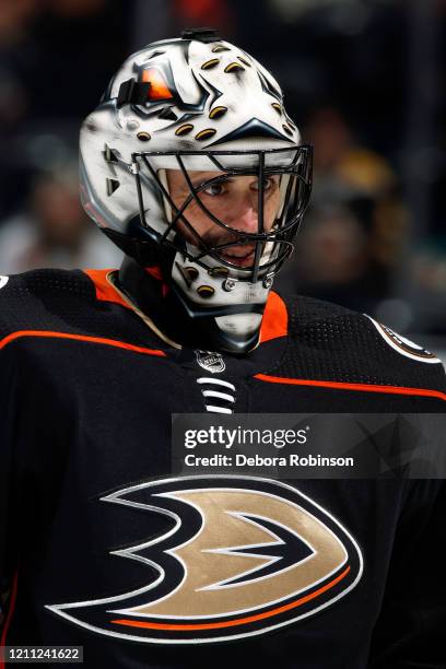 Ryan Miller of the Anaheim Ducks skates in warm-ups prior to the game against the Toronto Maple Leafs at Honda Center on March 6, 2020 in Anaheim,...