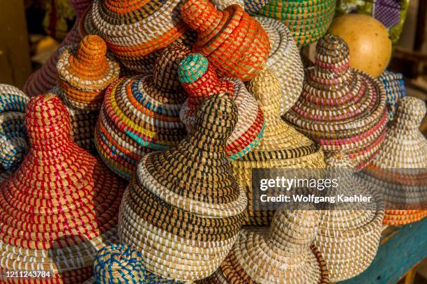 Colorful woven souvenir baskets on the Albert Market in Banjul, The Gambia.