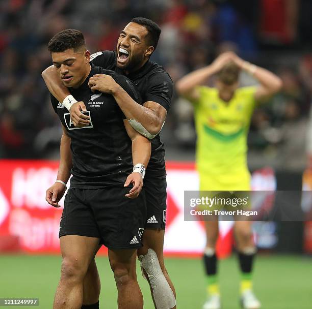 Caleb Clarke and Sione Molia of New Zealand celebrate after defeating Australia in the final of rugby sevens at BC Place on March 08, 2020 in...