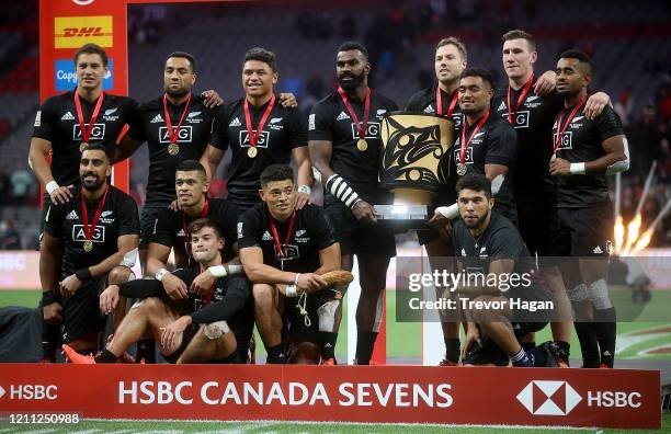 New Zealand celebrates after defeating Australia in the rugby sevens final at BC Place on March 08, 2020 in Vancouver, Canada.