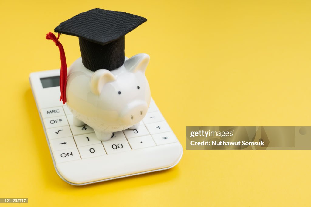 Studentendarlehen Zahlung Berechnung, Stipendium oder Ersparnis für Schule und Bildung Konzept, weiße Sparschwein trägt Graduierung Hut auf Rechner auf gelbem Hintergrund mit Kopierraum