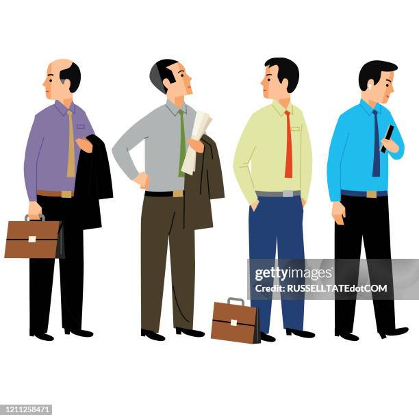 ilustraciones, imágenes clip art, dibujos animados e iconos de stock de hombres esperando en la fila - chaqueta de traje