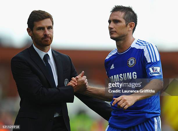 Andre Villas-Boas the Chelsea manager shakes the hand of Frank Lampard during the Barclays Premier League match between Stoke City and Chelsea at the...