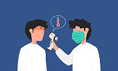 Graphic illustration about Man using infrared thermometer, Medical equipments. Flat design