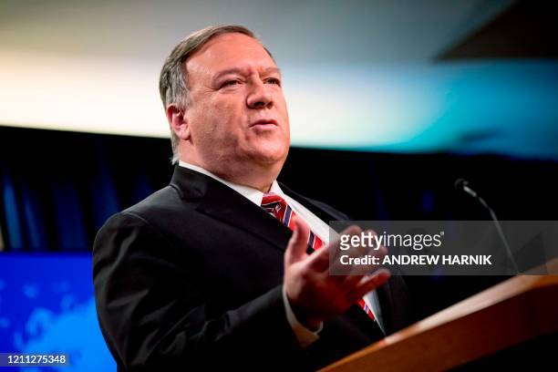 Secretary of State Mike Pompeo speaks at a news conference at the State Department on April 29 in Washington,DC.