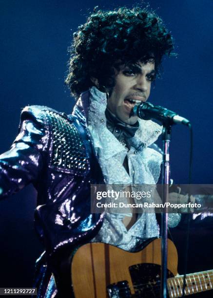 Prince performing during his Purple Rain Tour in the United States, circa 1985.