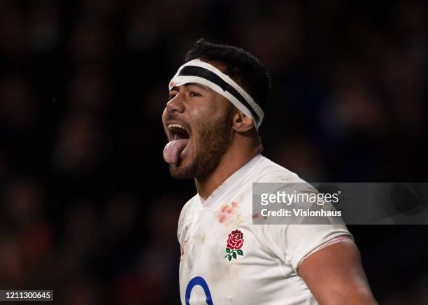 Manu Tuilagi of England celebrates his try during the 2020 Guinness Six Nations match between England and Wales at Twickenham Stadium on March 07,...