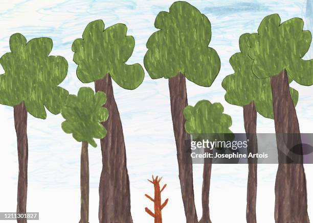 illustrations, cliparts, dessins animés et icônes de childs drawing of big and small trees - grande tablée