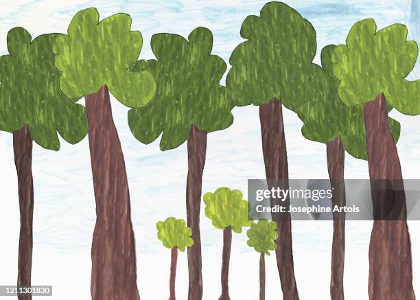 stockillustraties, clipart, cartoons en iconen met childs drawing of big and small trees - kleine boom