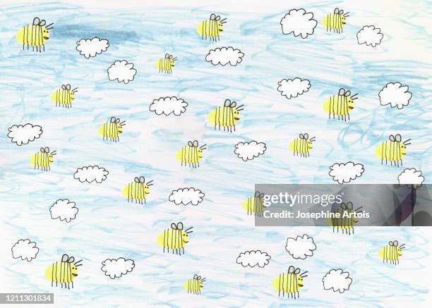 childs drawing of bumblebees flying in blue sky with clouds - bumble bee drawing stock illustrations