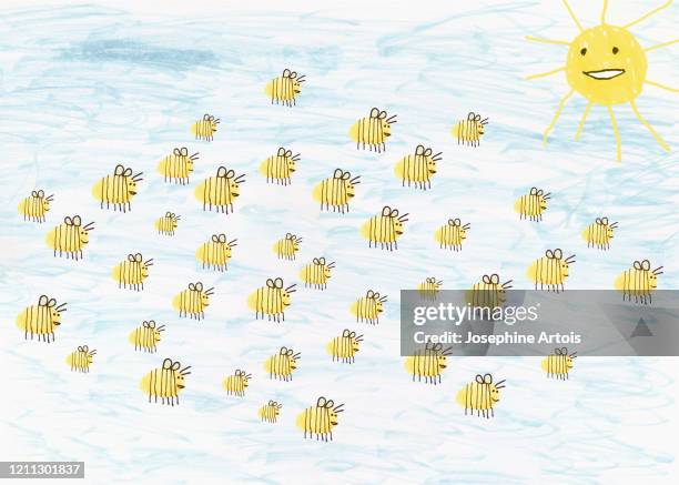 childs drawing of bumble bees flying under anthropomorphic sun - joy stock illustrations