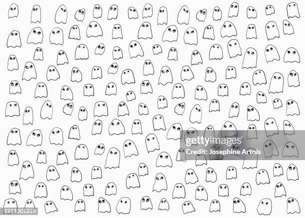 drawing of small ghosts on white background - spooky background stock illustrations