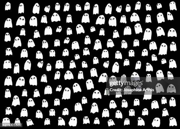 drawing of small white ghosts on black background - small difference stock illustrations