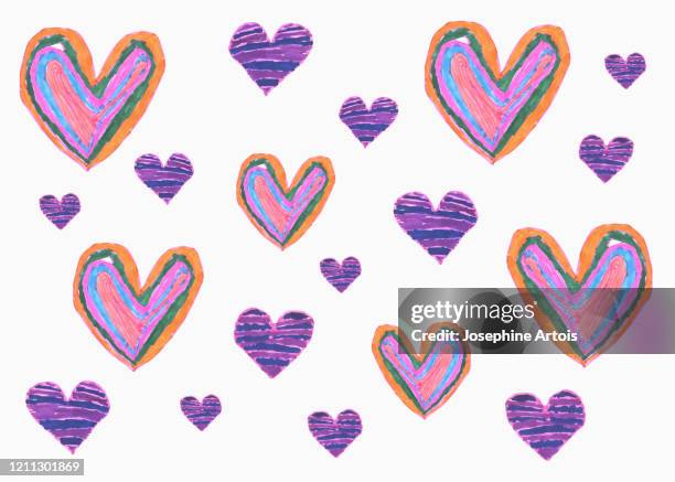 drawing of purple hearts on white background - hope concept stock illustrations