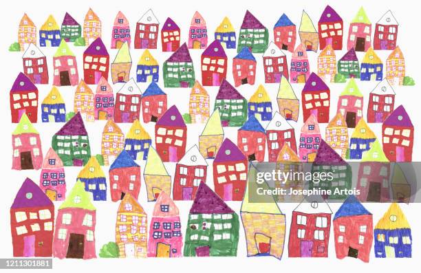 childs drawing of multi colored houses - residential district stock-grafiken, -clipart, -cartoons und -symbole